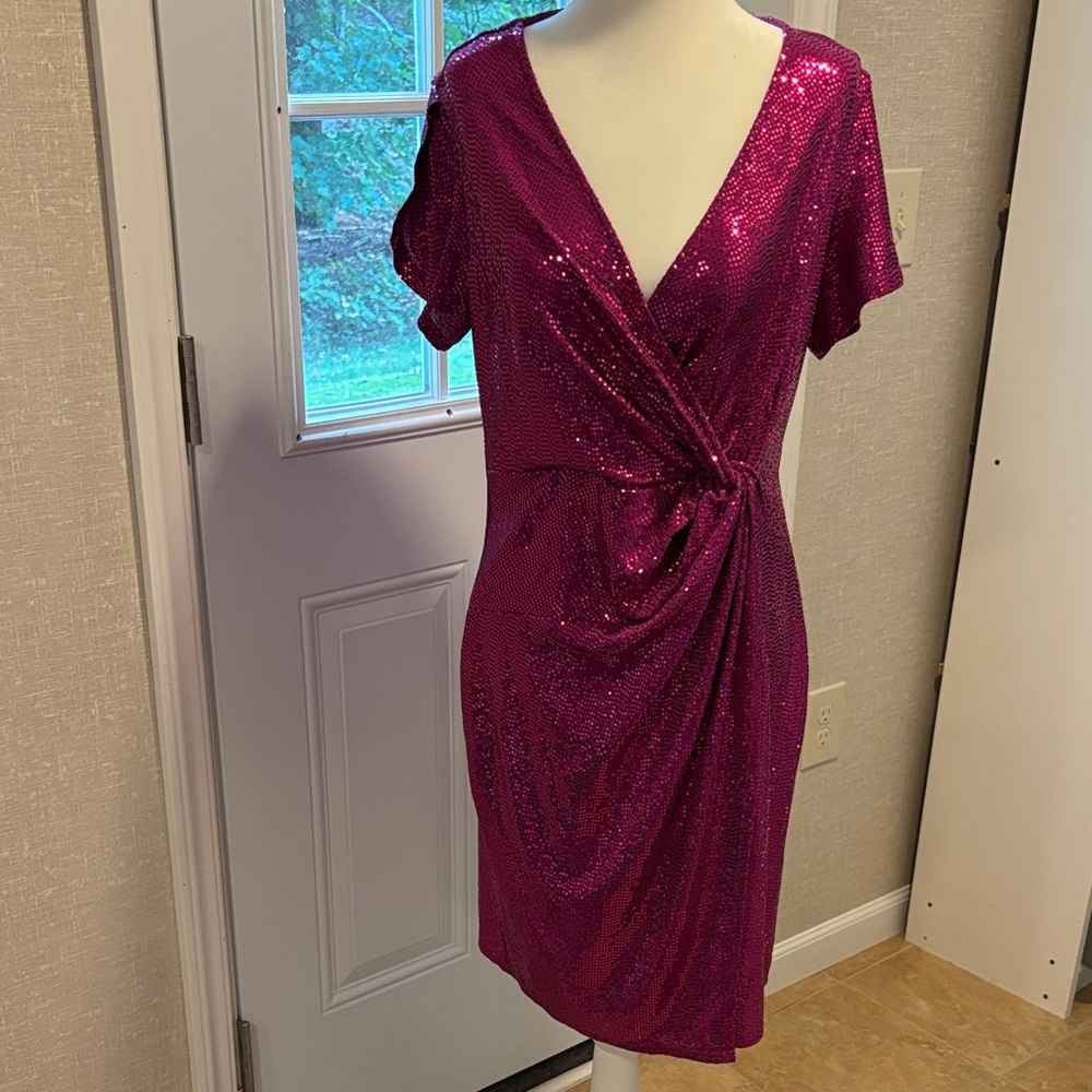Sequin Wrap-Style Midi Dress in Fuchsia